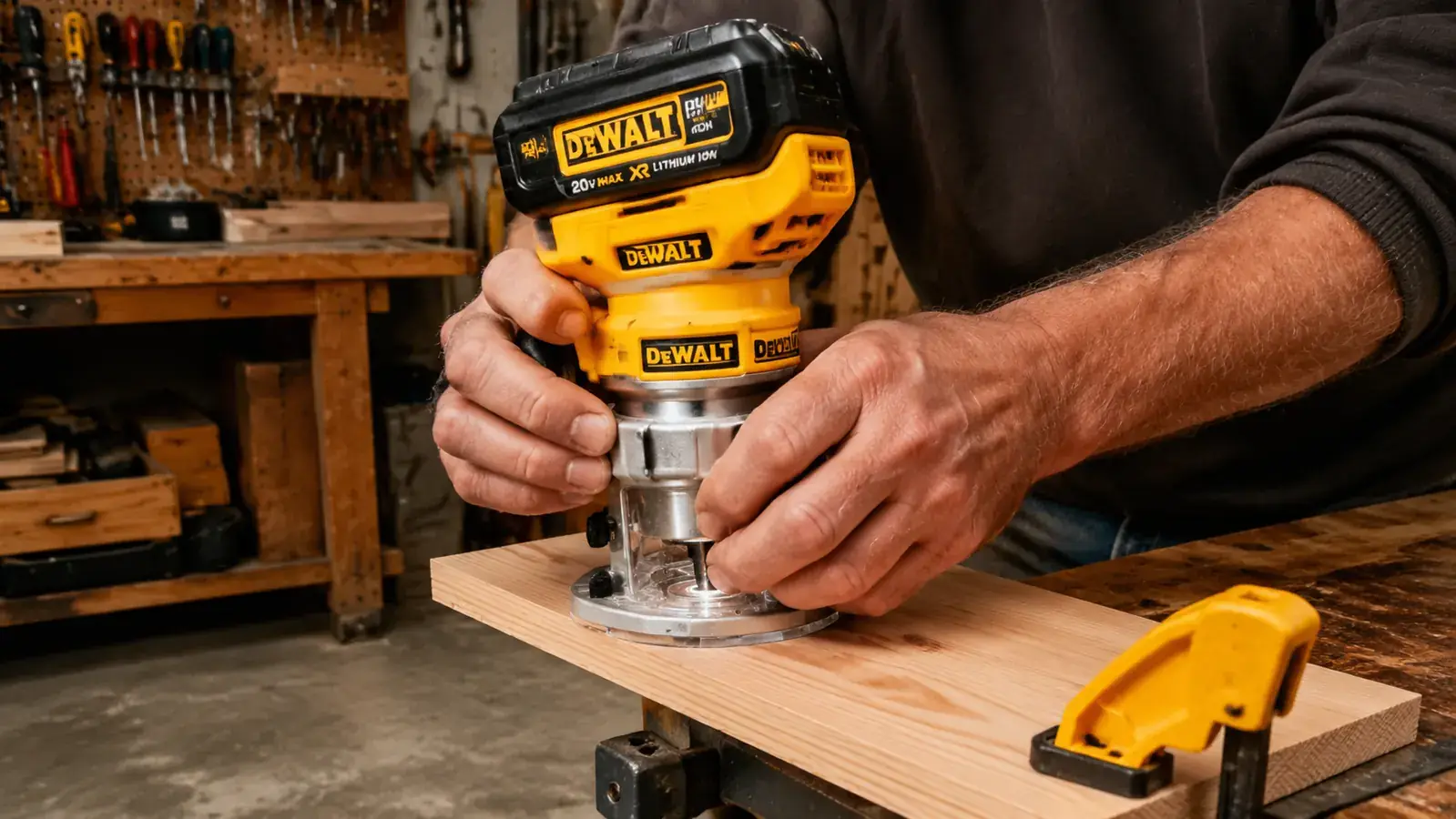 DeWalt DCW600B cordless router held in two hands above a pine workpiece