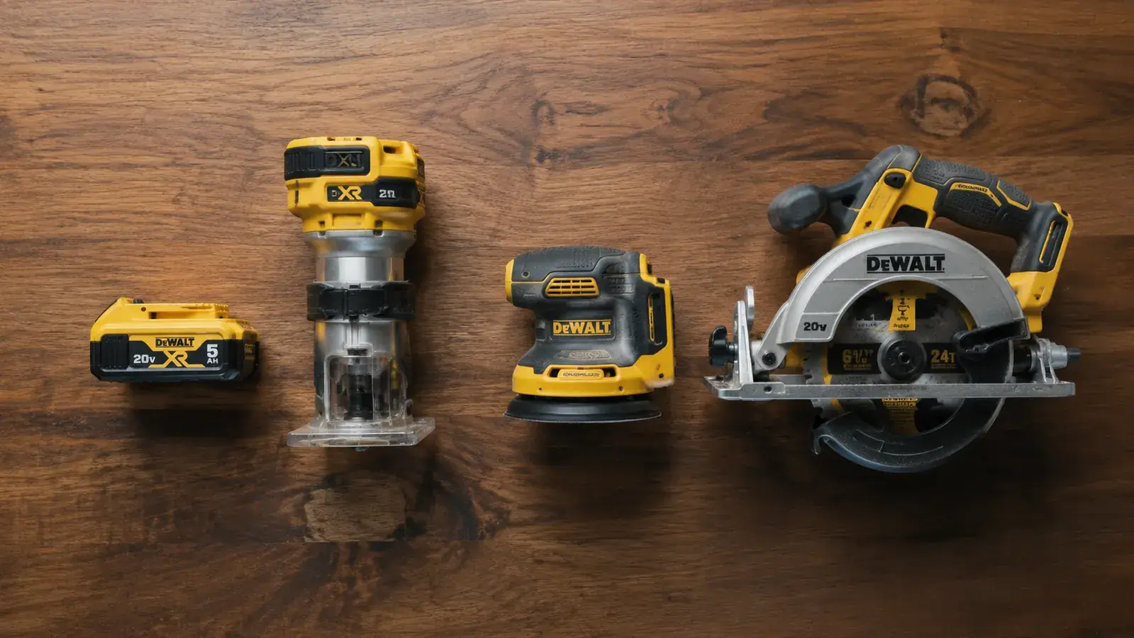 DeWalt 20V battery system arranged beside multiple tools including a router, sander, and circular saw