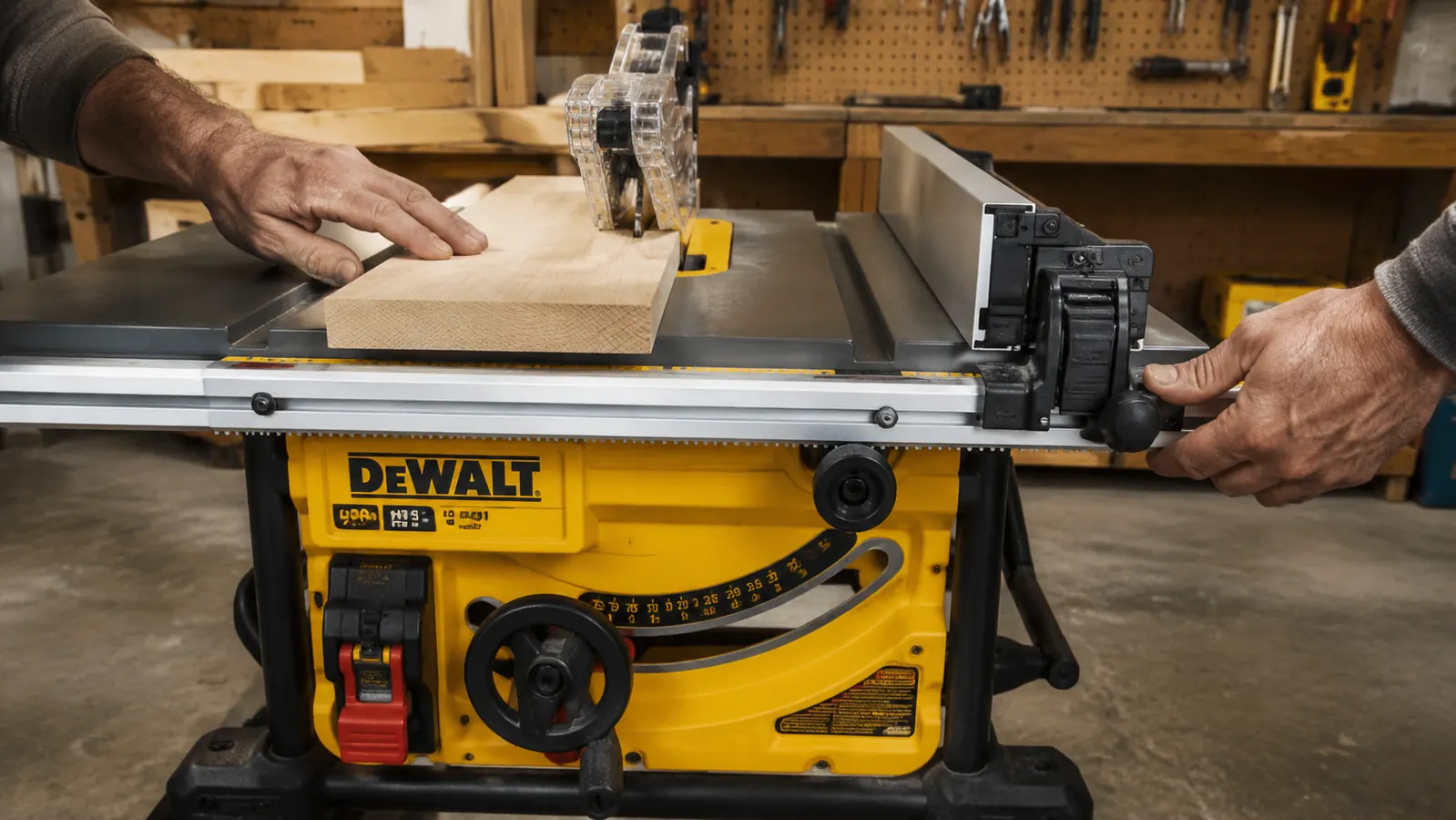 Close-up of the DeWalt DWE7485 rack-and-pinion fence being adjusted with one hand while a board is positioned against it