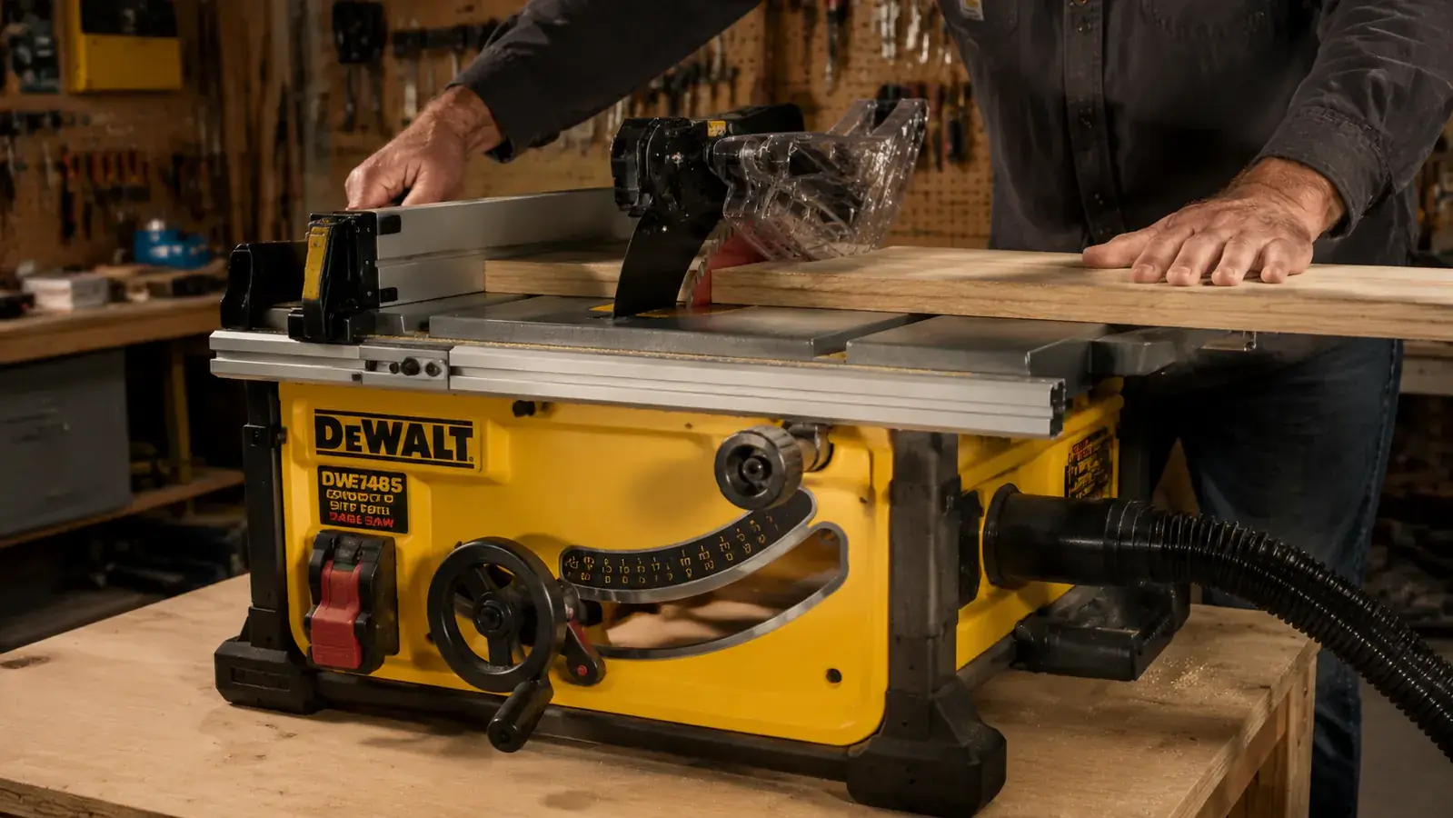 DeWalt DWE7485 dust port connected to a shop vac hose keeping the workspace clean during a rip cut