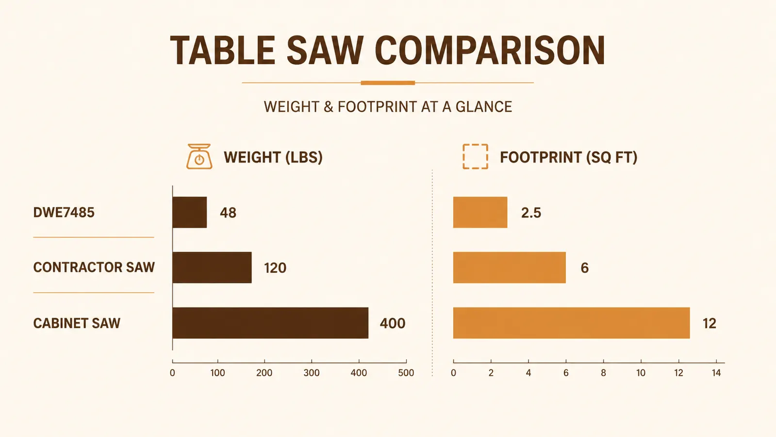 Comparison chart showing DWE7485 weight and footprint versus a full contractor saw and a cabinet saw side by side