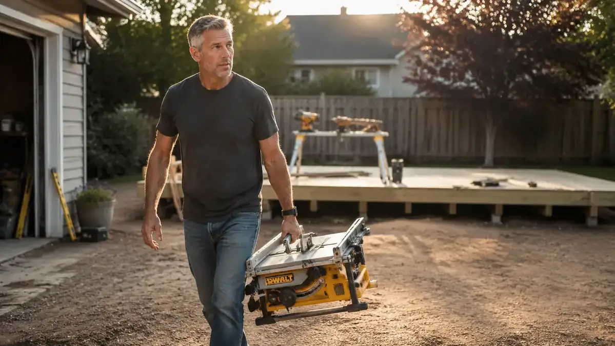 Woodworker carrying the DeWalt DWE7485 by its integrated handle out of a garage toward a backyard deck project