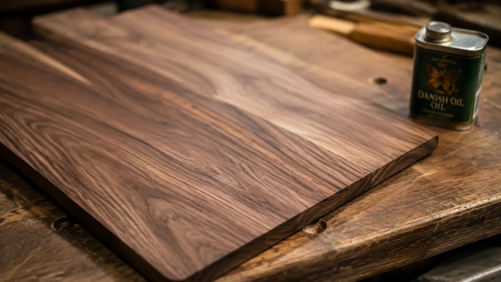 Close-up of a walnut board surface free of dust under bright shop lights, ready for finish application