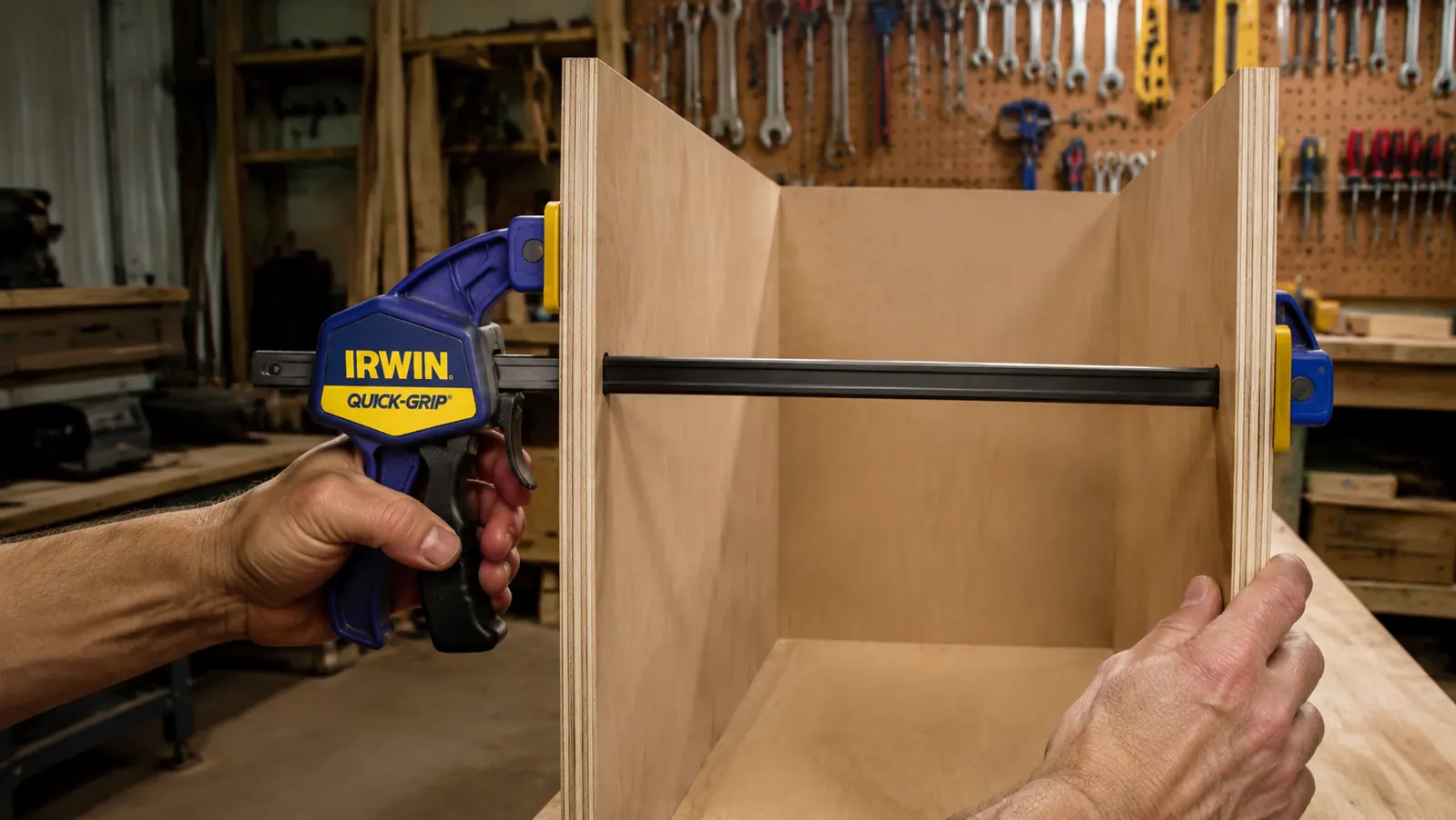 IRWIN Quick-Grip clamp reversed and used as a spreader to push two cabinet sides apart during assembly