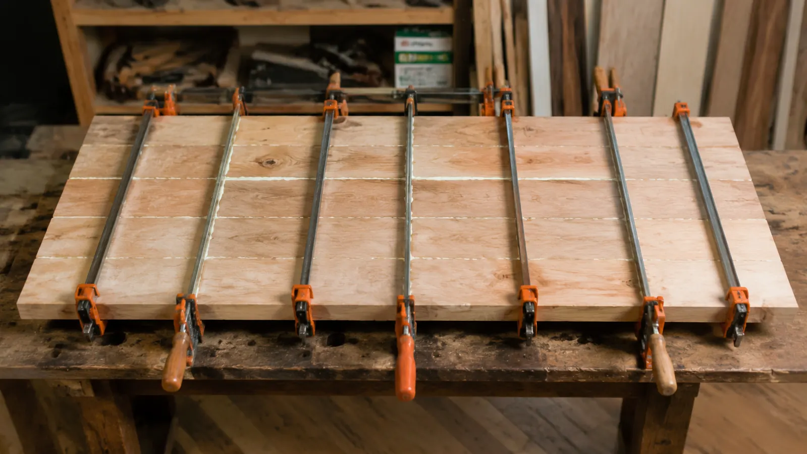 Six IRWIN Quick-Grip clamps holding a multi-board panel glue-up flat on a workbench