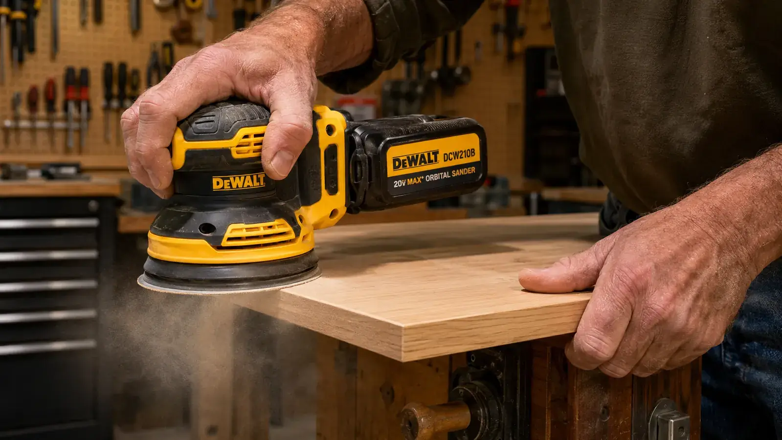Hand holding a random orbit sander and sanding a panel edge before applying finish