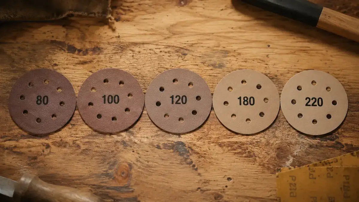 Close-up of sanding disc grits laid out from 80 to 220 on a workshop bench