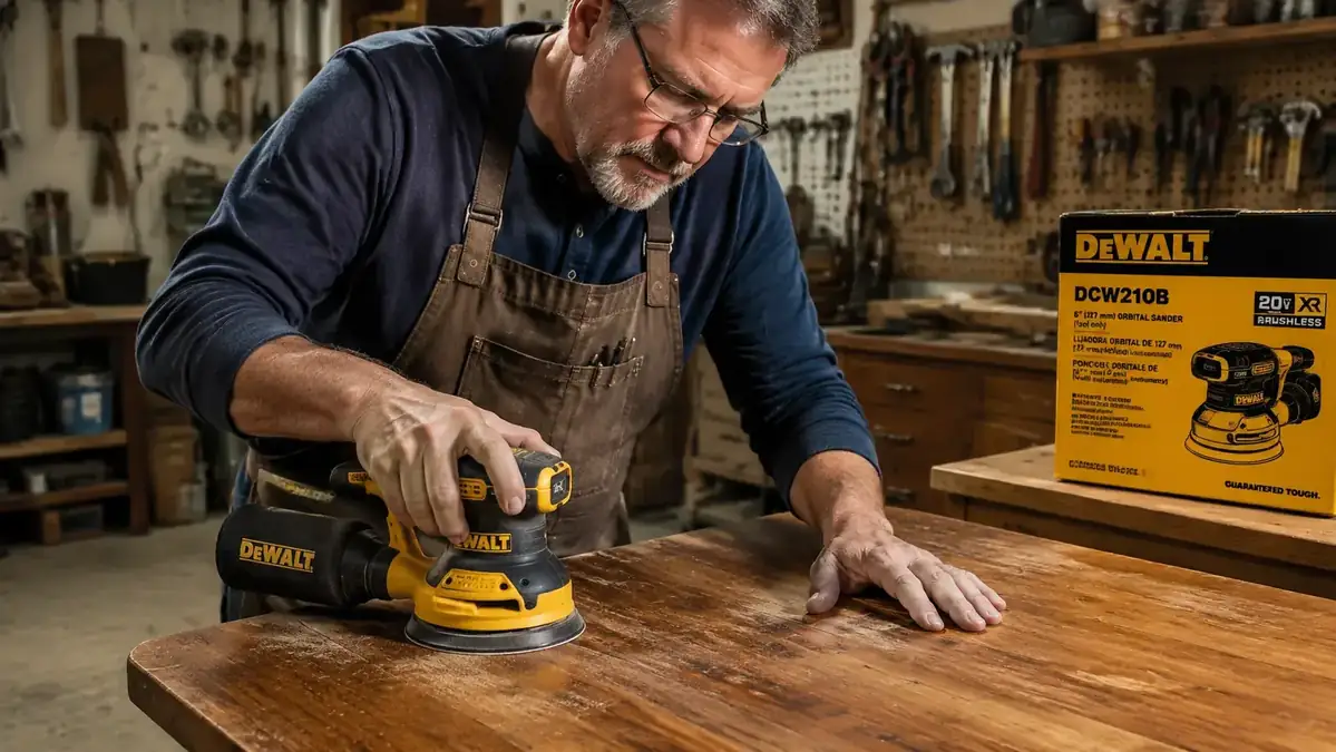 Woodworker lightly sanding a coat of polyurethane between finish coats with a random orbit sander