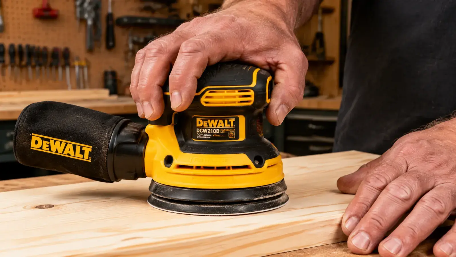 Hand holding DeWalt DCW210B sander against a pine board, dust collection bag visible on the back of the tool