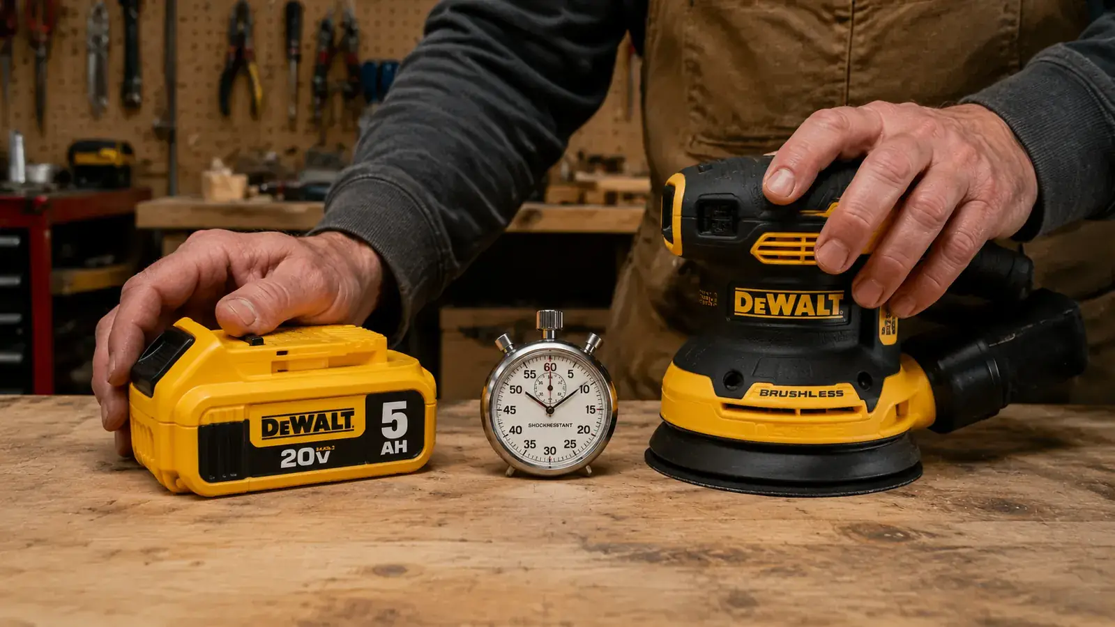 DeWalt 5Ah battery on a workbench next to a sander with a stopwatch visible, representing runtime testing