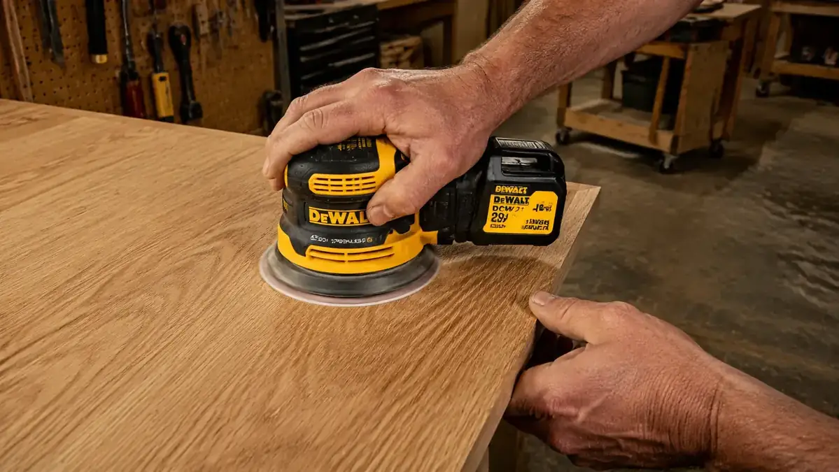 Hand holding the DeWalt DCW210B sander running across a oak panel, dust being pulled toward the built-in dust port