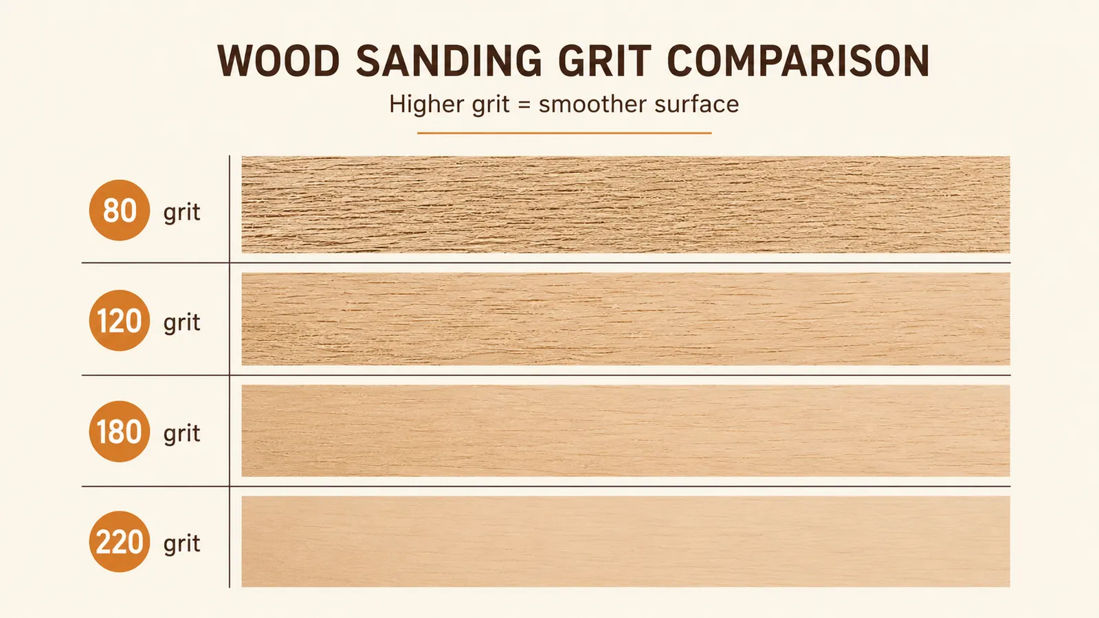 Grit progression chart showing 80, 120, 180, 220 grit stages on wood surface samples with finish quality improving left to right