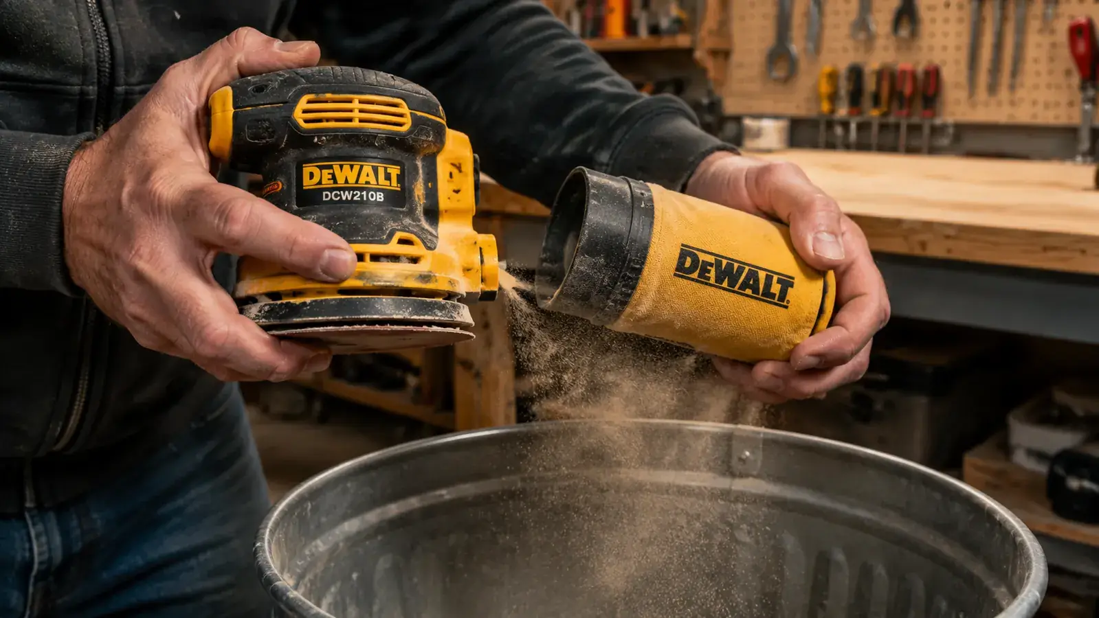 Close-up of the DeWalt DCW210B dust collection bag being emptied over a shop trash can, fine sawdust visible