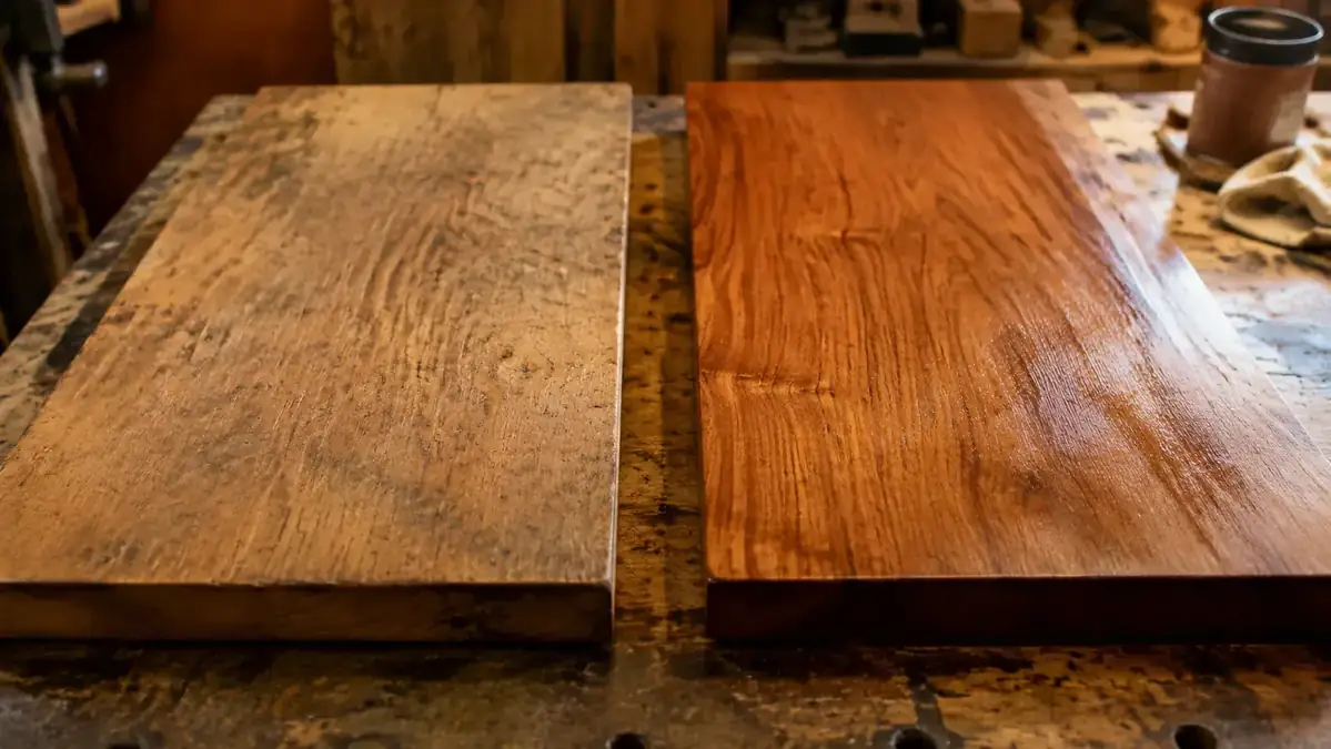 Finished walnut panel with glass-smooth surface next to an unfinished rough-sanded board, in a home garage woodshop