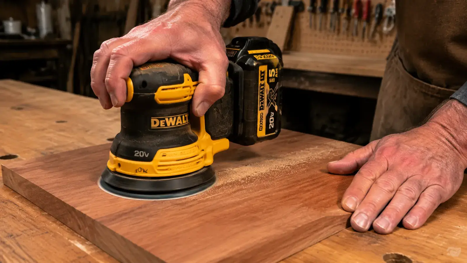 Hand holding DeWalt DCW210B sander pressing it against a hardwood panel mid-stroke