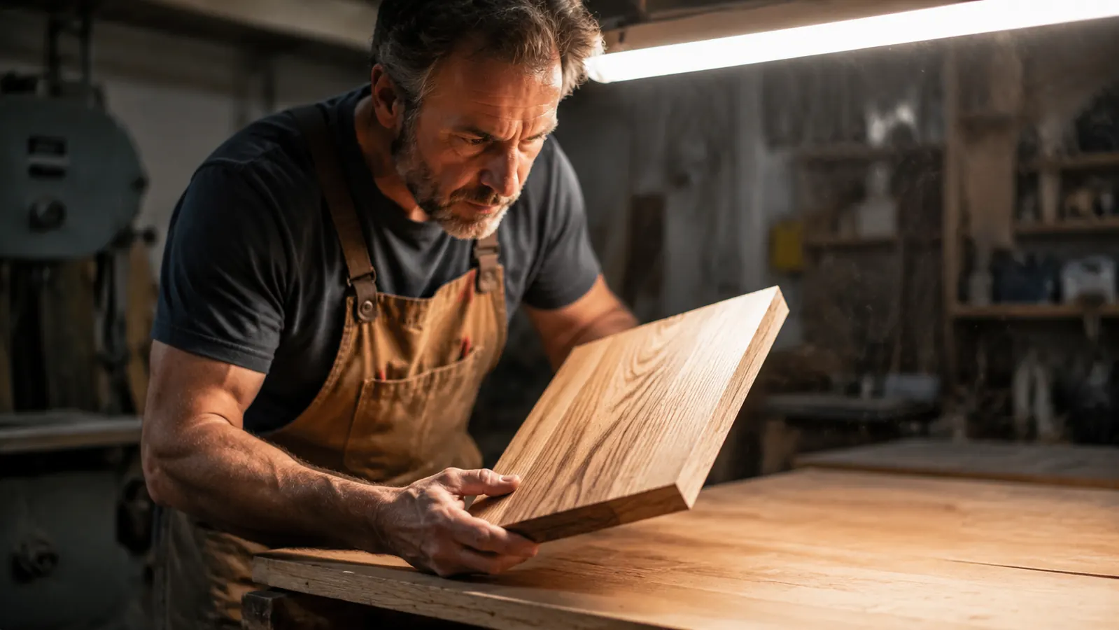 Woodworker inspecting a freshly sanded oak tabletop surface under a bright shop light looking for swirl marks