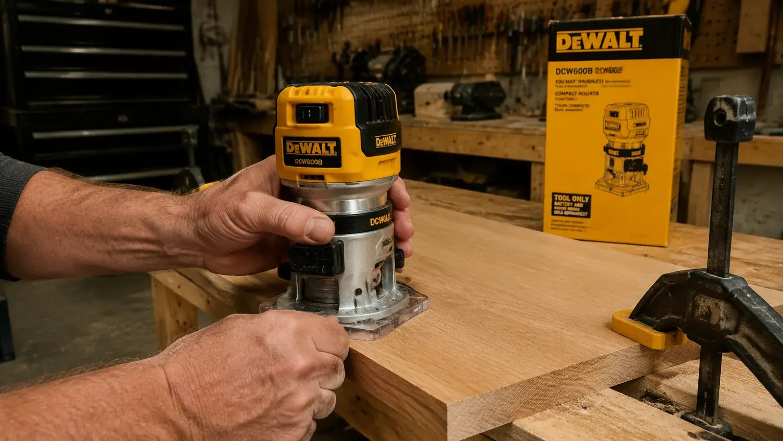 Hand holding the DeWalt DCW600B router over a piece of oak, showing the compact body size