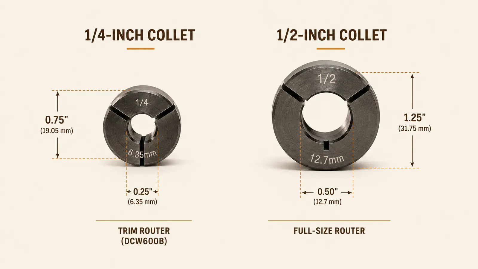 Side-by-side size comparison showing a trim router collet beside a full-size router collet