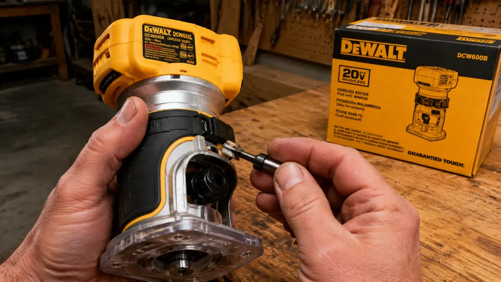 Close-up of a router bit shank sitting next to the DeWalt DCW600B base on a workbench
