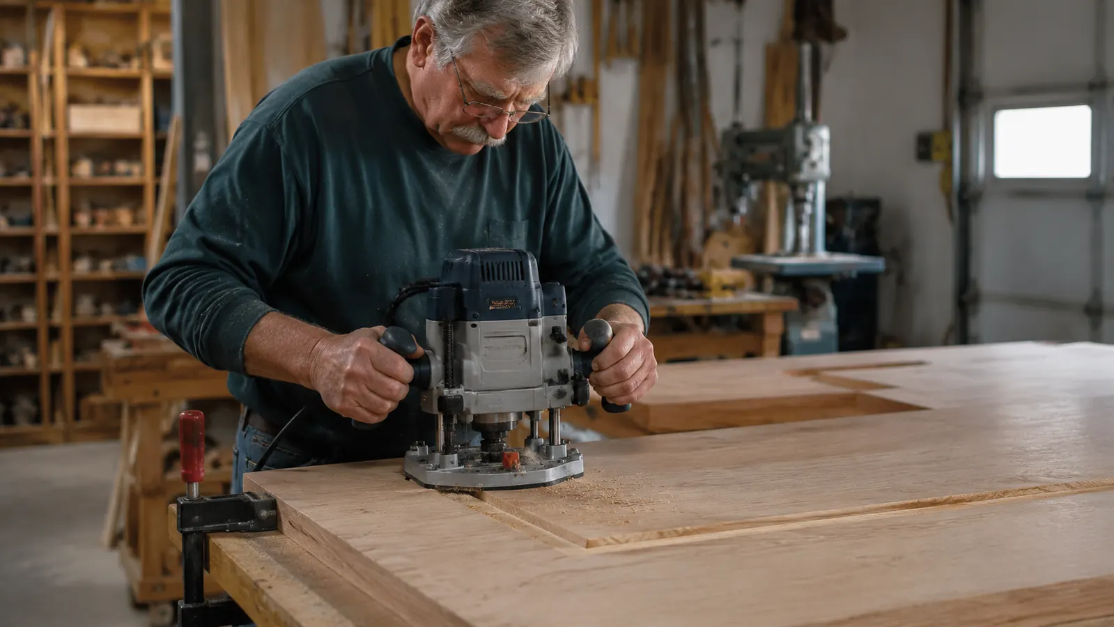 Woodworker using a full-size corded router on a wide panel clamped to a bench