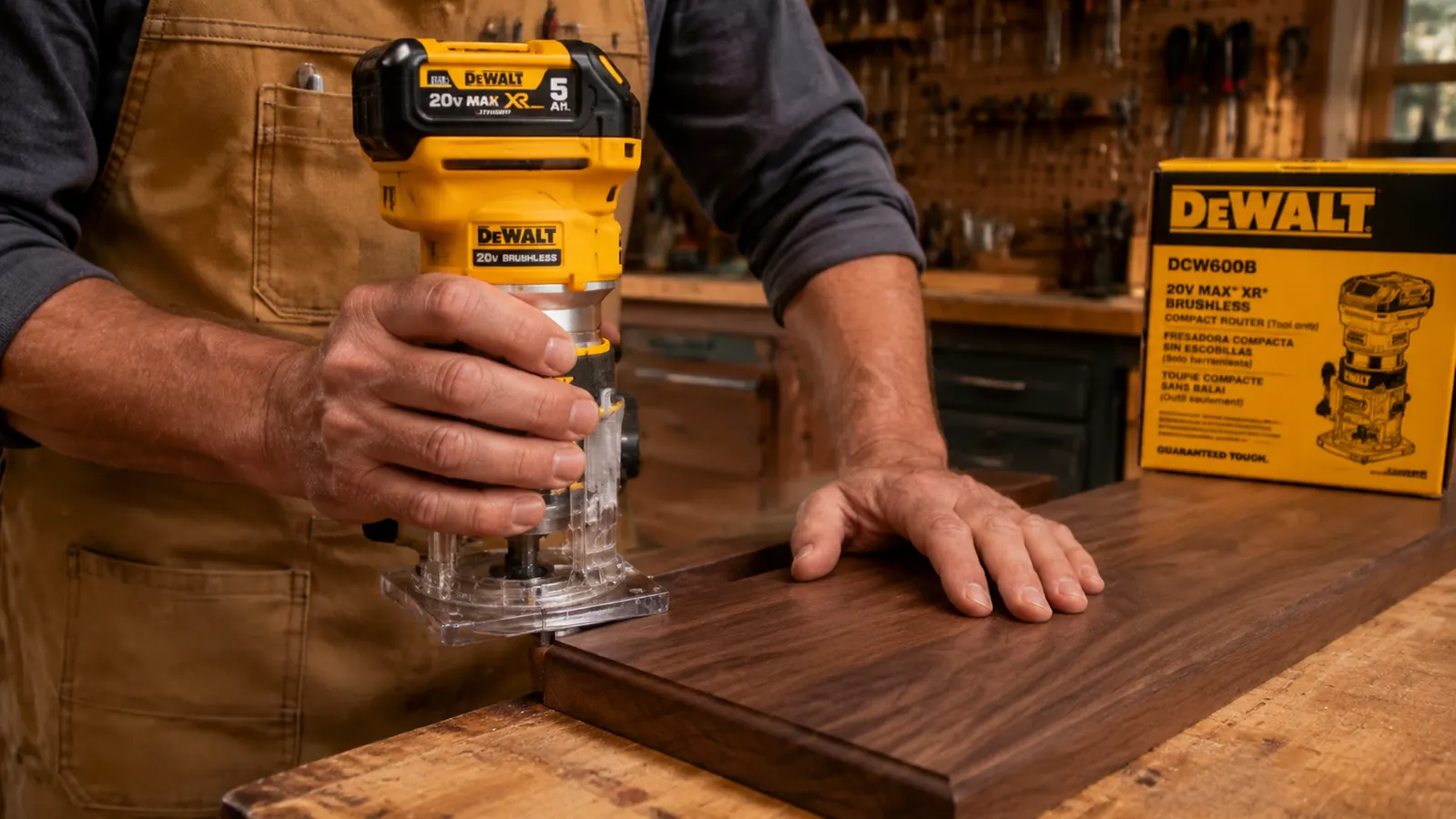 Hand guiding the DeWalt DCW600B cordless router along the edge of a walnut board to cut a roundover profile