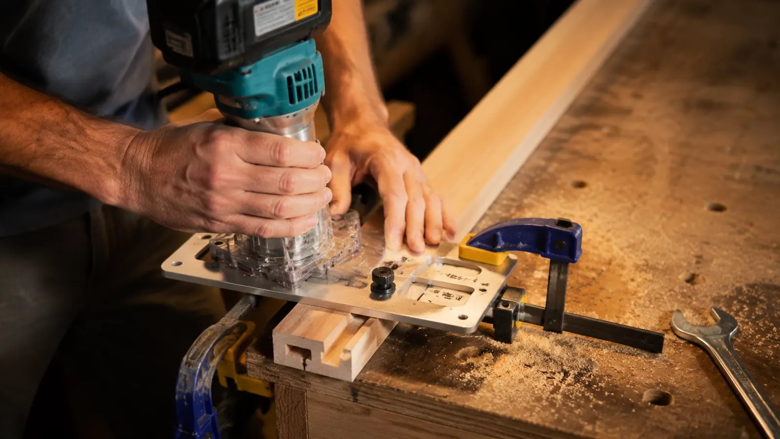 Woodworker routing a hinge mortise into a cabinet door stile using a template and guide bushing