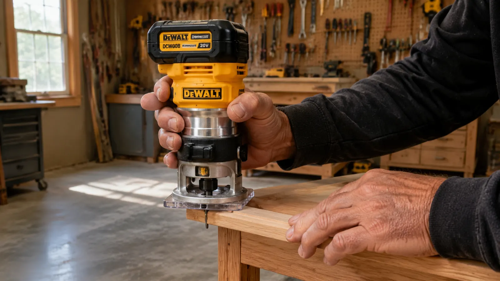 Hand holding the DeWalt DCW600B cordless router flush against the edge of a cabinet door panel