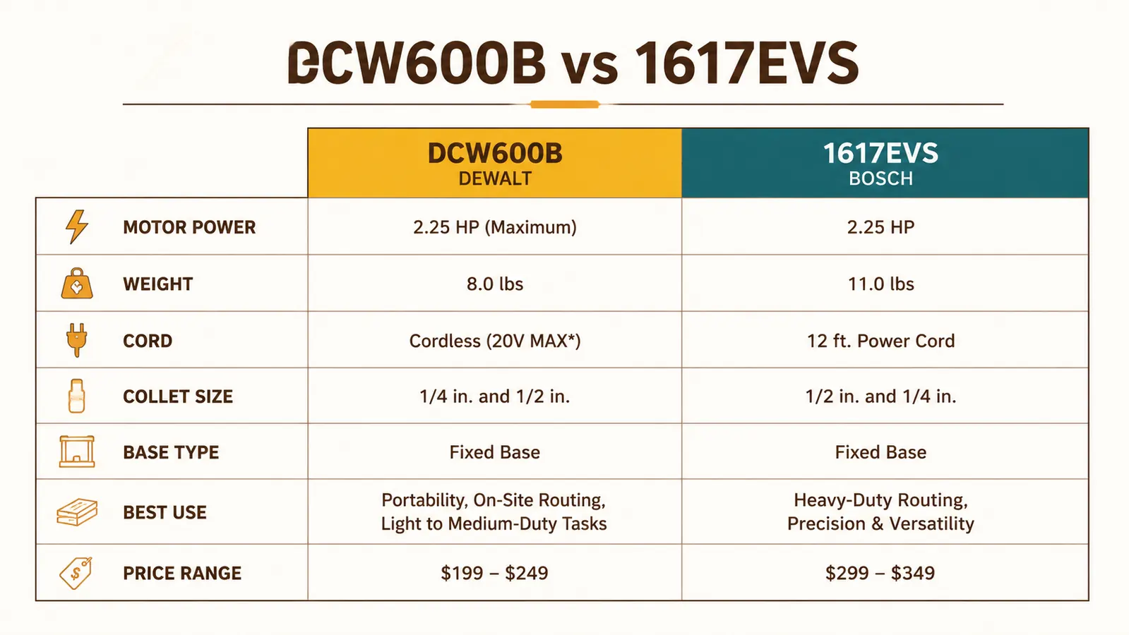 Side-by-side comparison chart of DCW600B and Bosch 1617EVS key specs