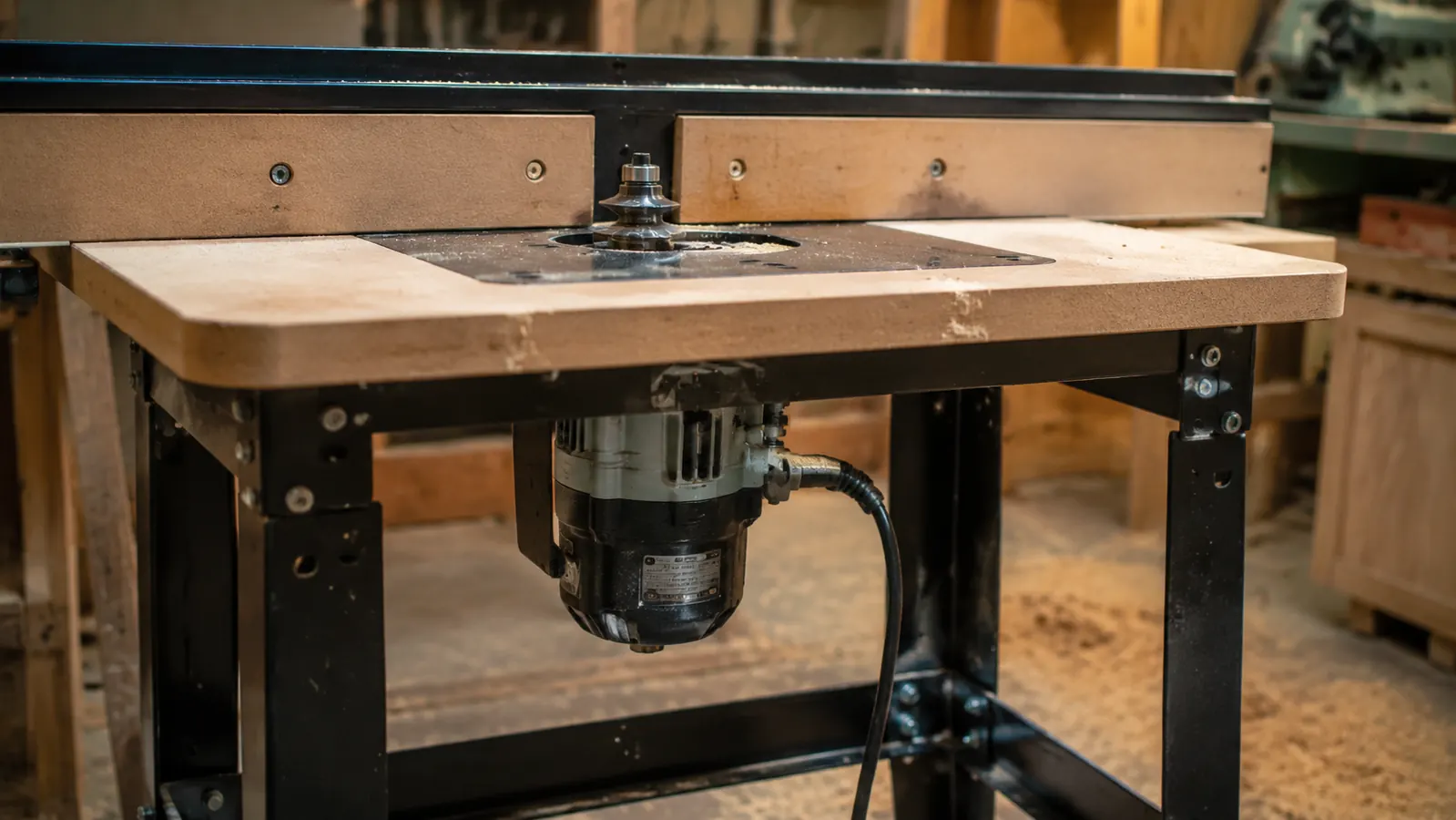 Bosch 1617EVS router mounted in a router table with a large raised-panel bit visible