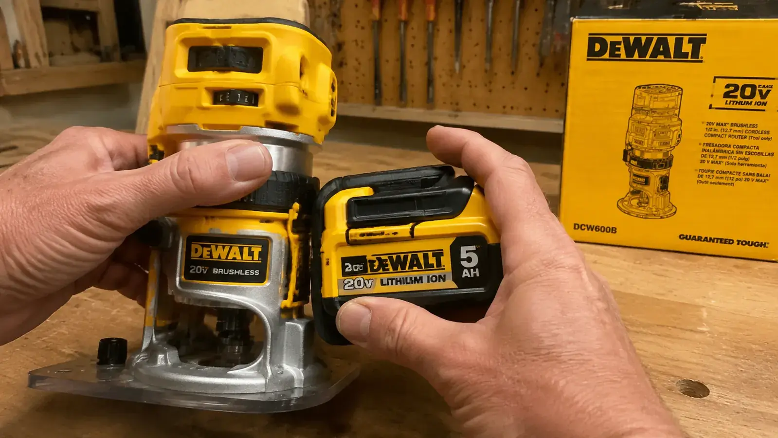 DCW600B battery slot and 20V DeWalt battery being snapped into place