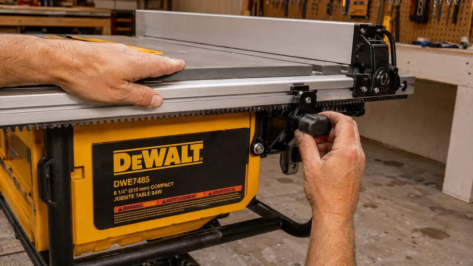 Close-up of the DeWalt DWE7485 rack-and-pinion fence and rip scale