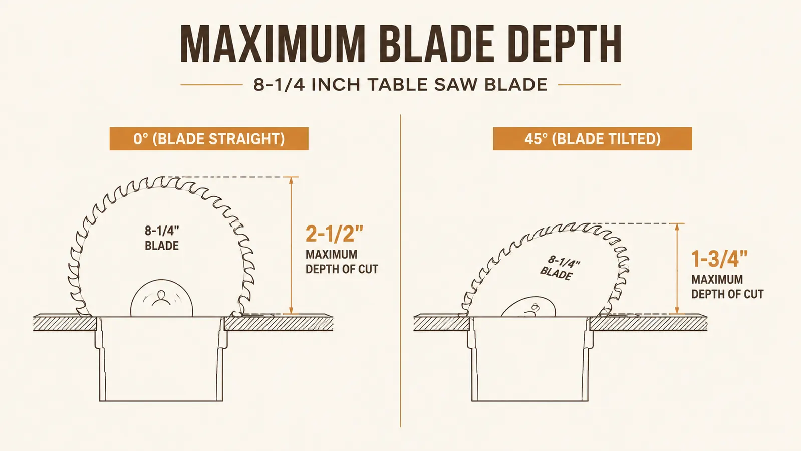 Diagram showing the 8-1/4 inch blade cutting depth at 0 degrees versus 45 degrees bevel