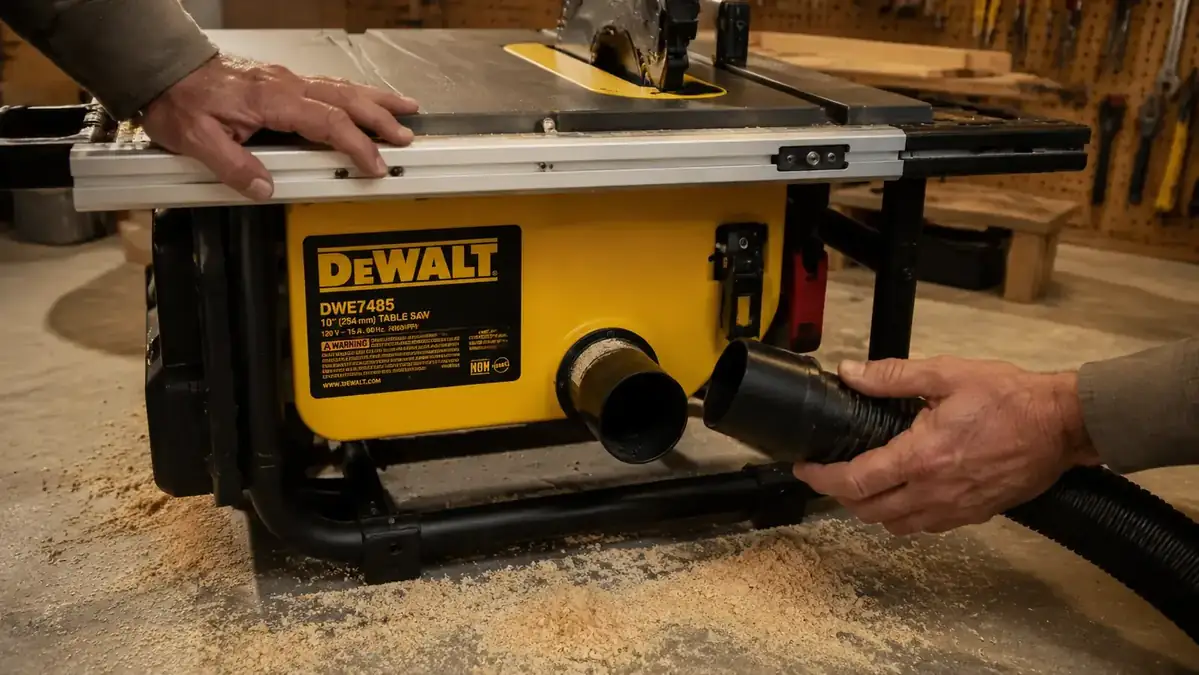 Dust port on the rear of the DeWalt DWE7485 with a shop vac hose partially attached