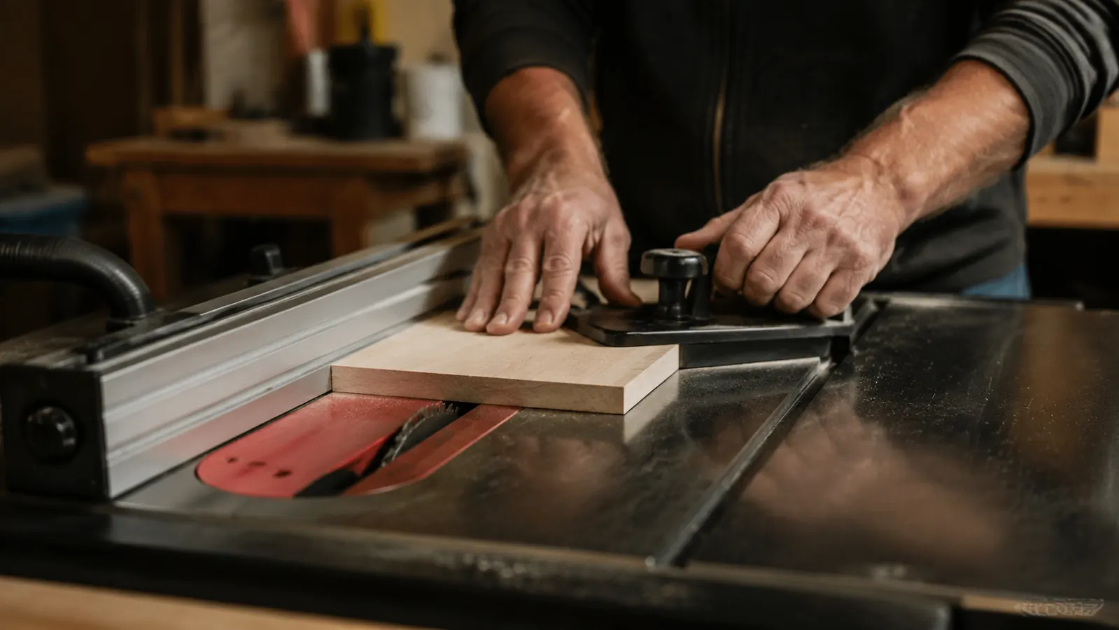 Woodworker crosscutting a hardwood board on a jobsite table saw using the miter gauge
