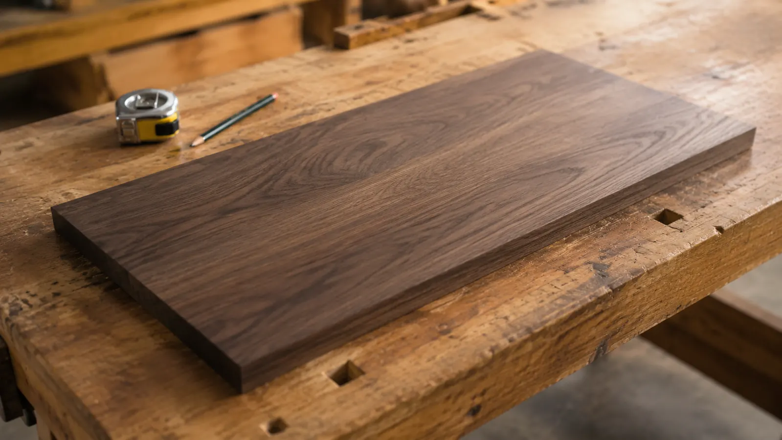 Finished walnut shelf panel cut on the DWE7485 sitting on a workbench