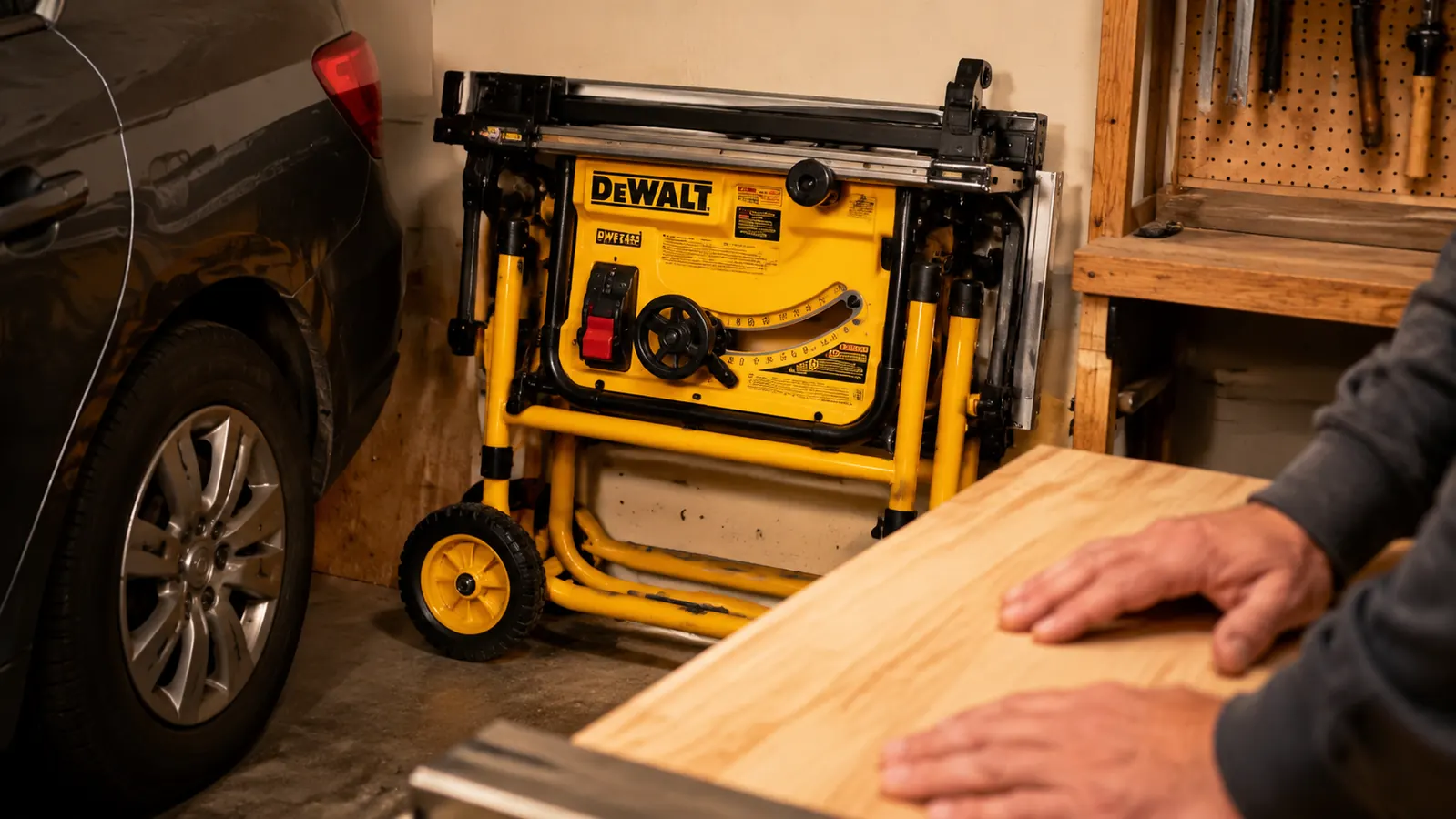 DeWalt DWE7485 folded on its stand stored against a garage wall beside a car