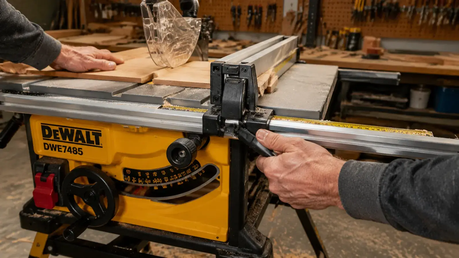 Close-up of the DeWalt DWE7485 rack-and-pinion fence locking down on a rip cut, hand visible adjusting the fence