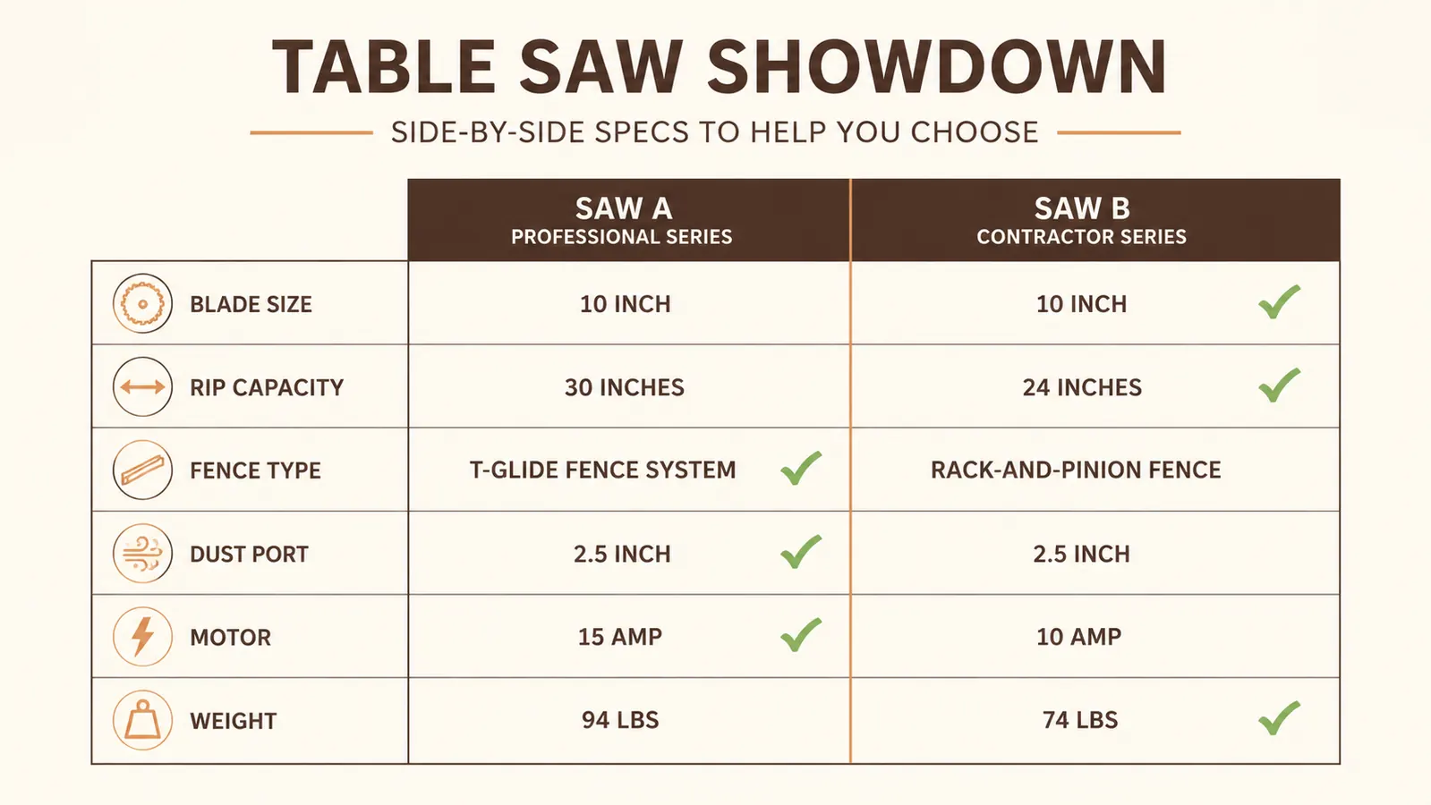 Side-by-side comparison chart of DeWalt DWE7485 vs SKIL TS6307 specs including blade size, rip capacity, and fence type