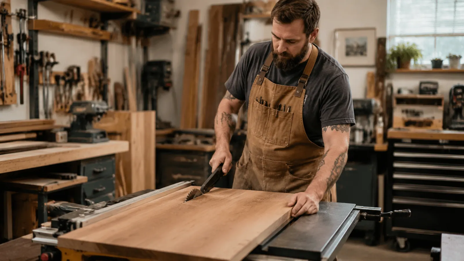Woodworker pushing a wide board through a table saw, making a full-width rip cut in a home garage shop