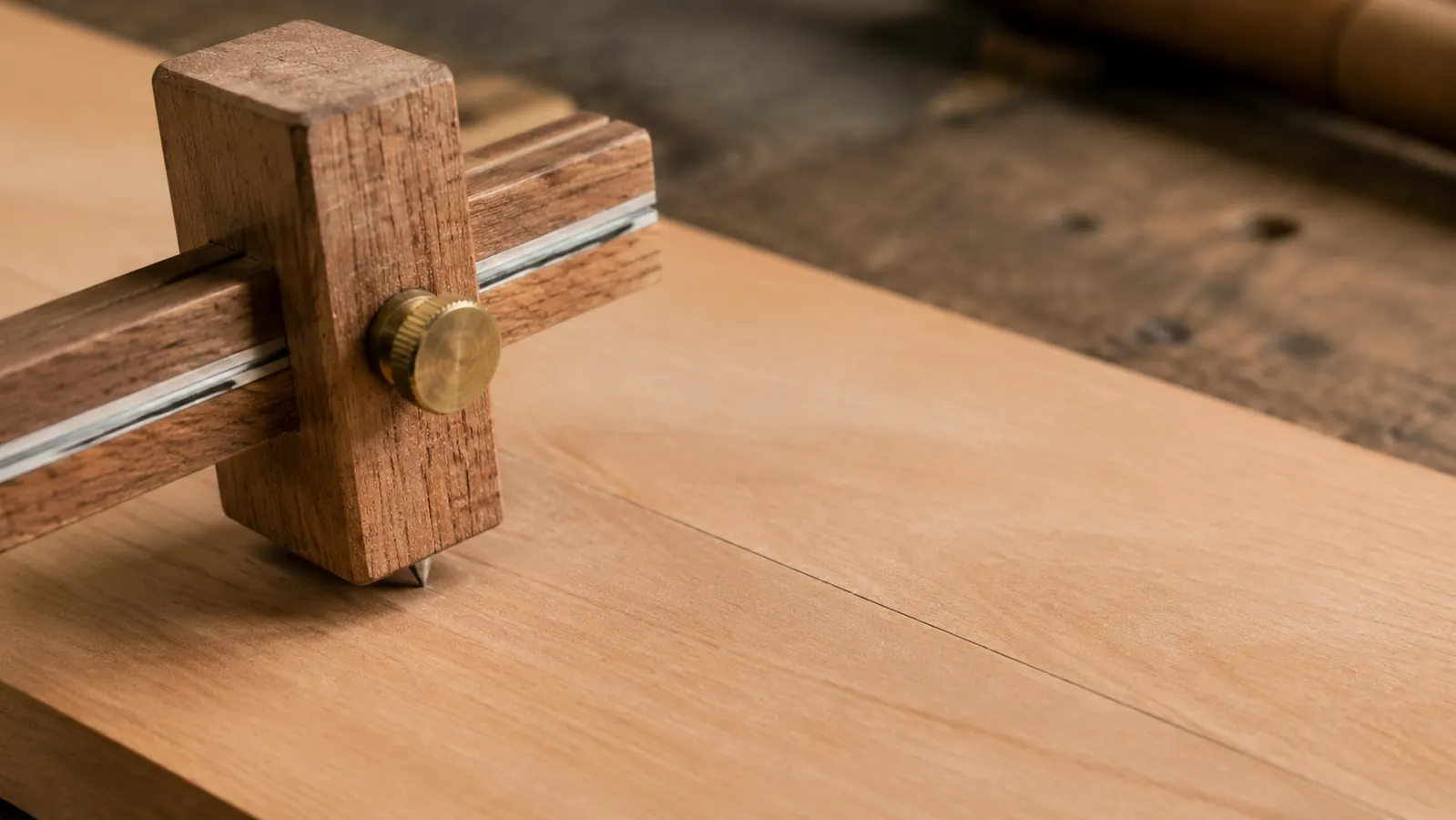 Close-up of a freshly planed cherry board with a sharp pencil marking line, surface clean and dust-free