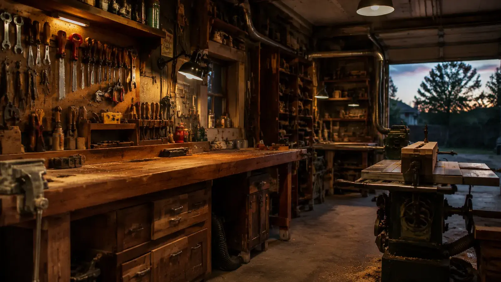 A home woodworker's garage shop bathed in afternoon light, with a workbench, a table saw, and curls of fresh shavings on the floor
