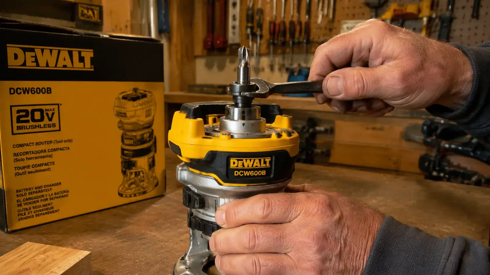 Hand inserting a 3/4-inch straight router bit into a DeWalt DCW600B collet over a workbench
