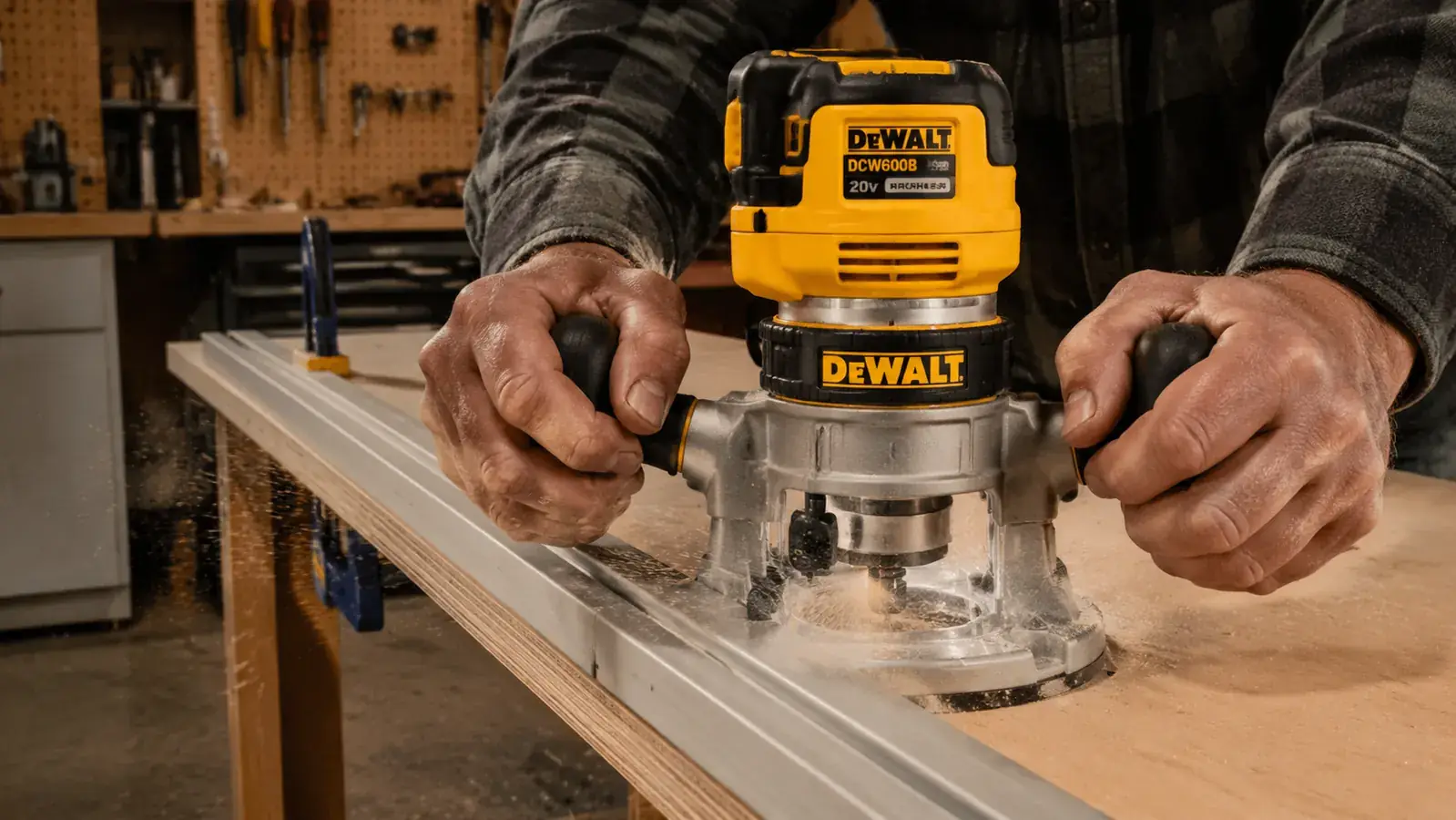 Router riding along a clamped straightedge fence across a plywood panel, chip guard visible