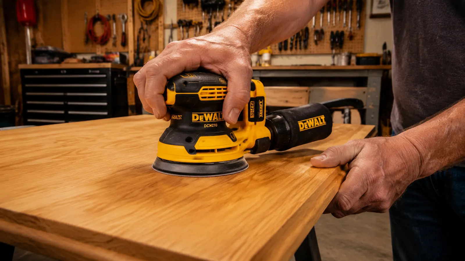 A DeWalt DCW210B random orbit sander held flat against a hardwood surface with no downward pressure, proper light-touch technique