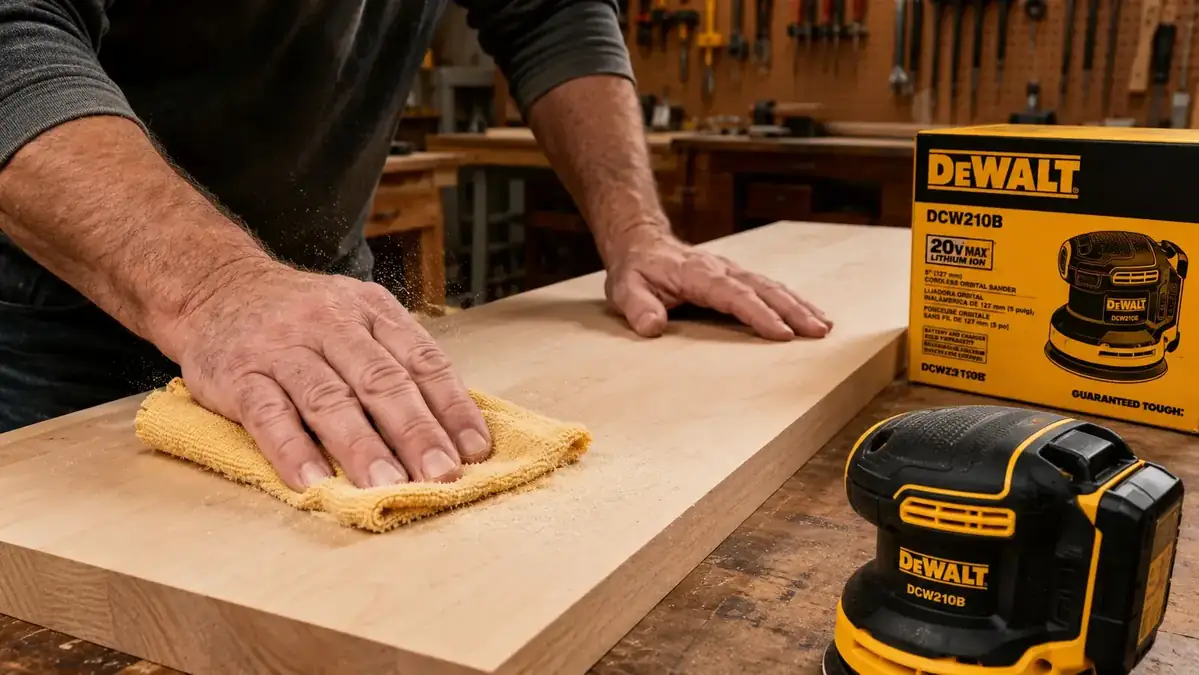 A tack cloth being wiped across a sanded maple panel before applying a finish coat, fine dust lifted from the grain