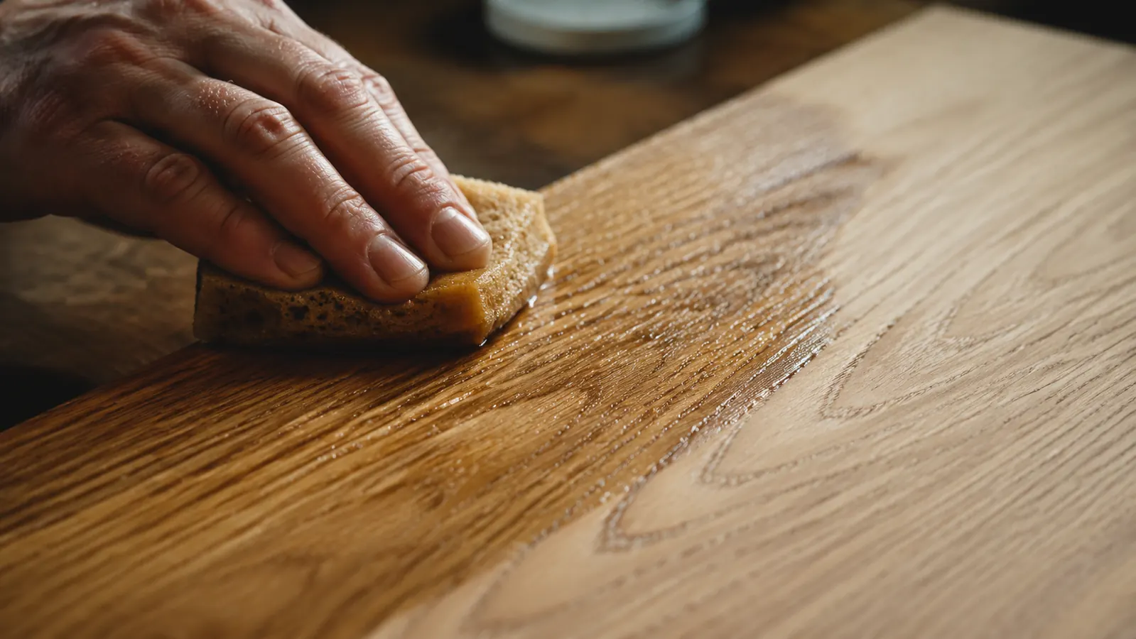 A woodworker wiping water across a sanded board to raise the grain before the final sanding pass