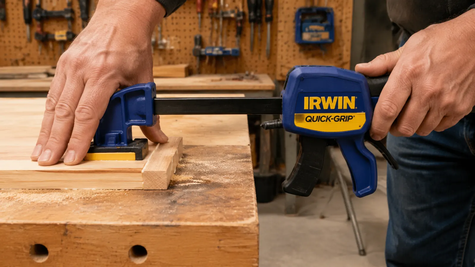 Hand pressing a bar clamp onto a panel glue-up, clamp jaw resting on a wood caul