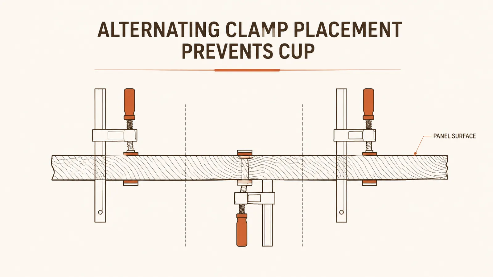 Diagram showing alternating clamp directions, one above the panel and one below, with arrows indicating opposing forces