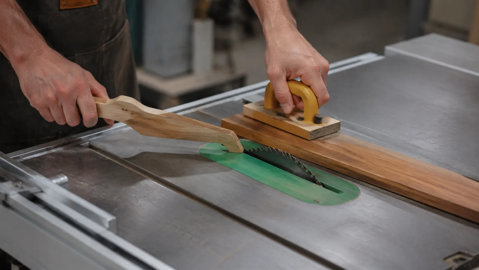 Push stick and push block positioned on a narrow rip cut workpiece at the blade guard