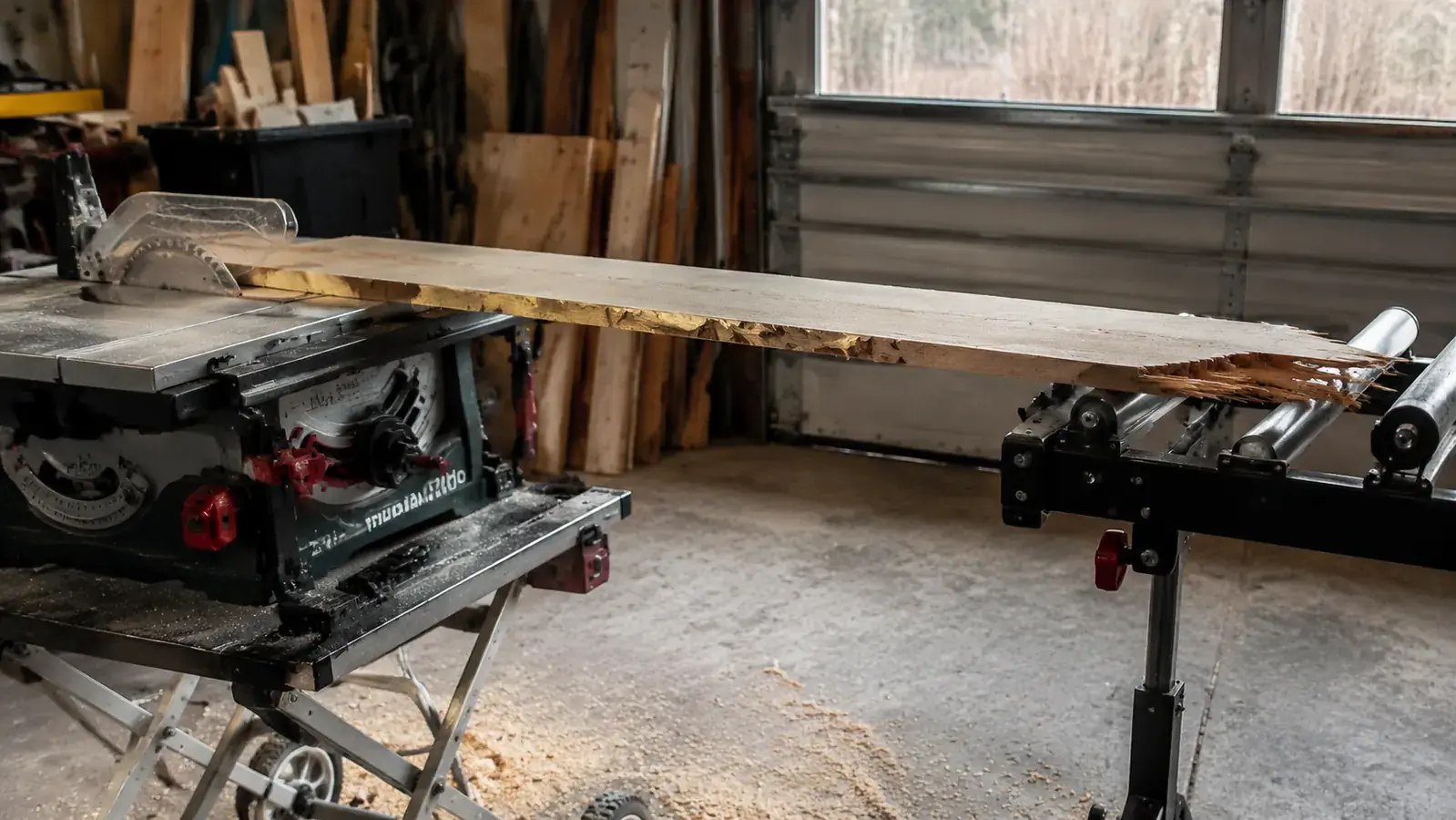 Outfeed roller stand supporting the tail end of a long board exiting a table saw